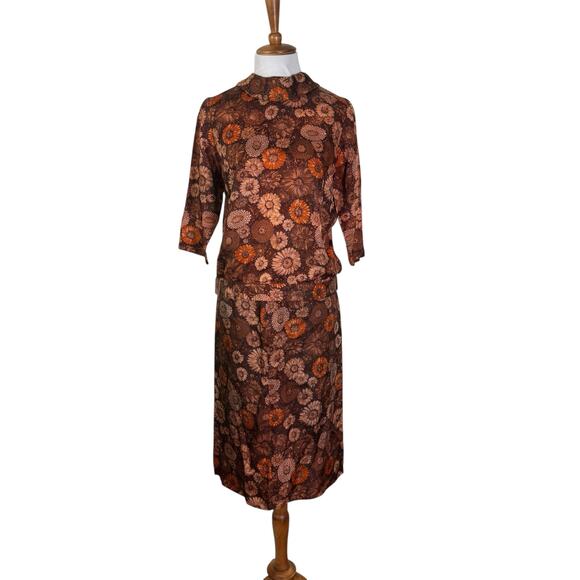 Vintage 1960s  Two-Piece Dress Set Brown Orange Floral Mums Print Boho Retro XS - Picture 5 of 8